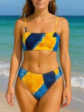 Multicolor Abstract 3 Piece Bikini Set High Waisted Bandeau Swim Cover Up NWT